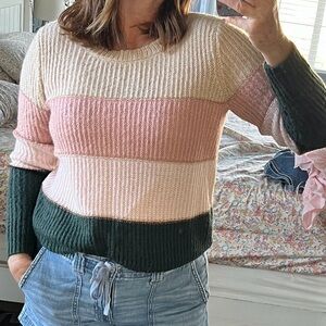 Jun & Ivy Pink, Beige, and Emerald Green Knit Sweater with rose gold stitch